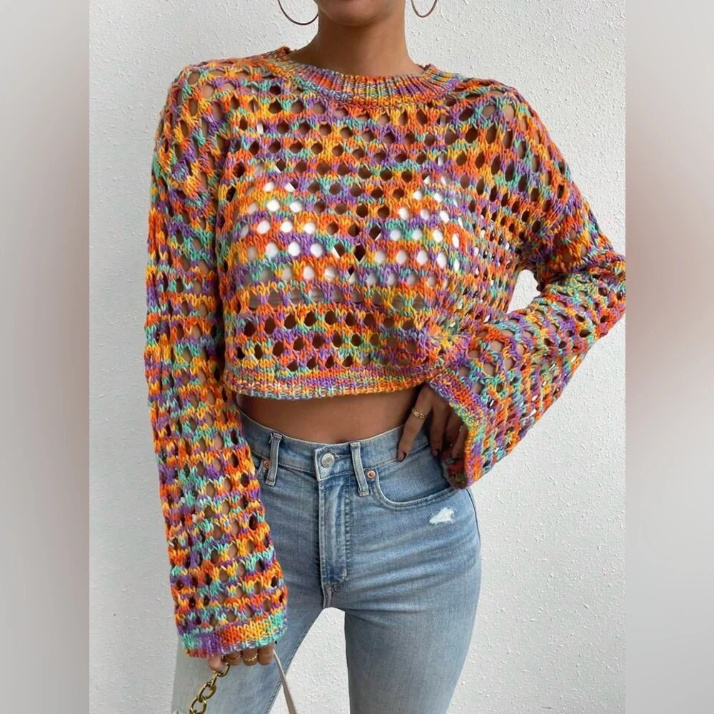 NIB Knit Bell Sleeve Cropped Sweater Multi Color Size M